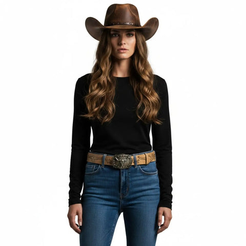 woman wearing Western Belt with Gold Silver Steer Buckle and tan floral faux leather strap / one size