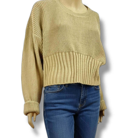 Tan Long Sleeve Rib Knit Crop Sweater displayed on a mannequin showcasing its oversized, slouchy fit and ribbed texture.