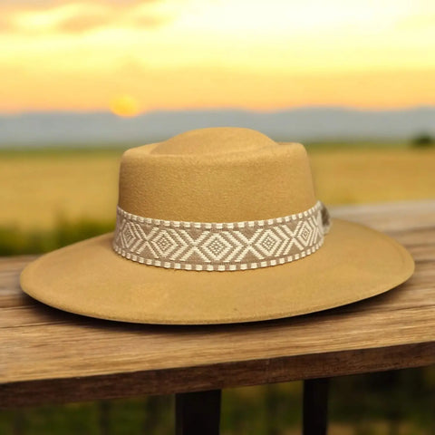 Tan Round Crown Wide Brim Fedora with tribal band and structured felt brim for boho western festival styling