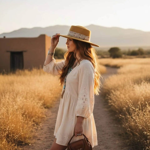 woman wearing Tan Round Crown Wide Brim Fedora with tribal band and structured felt brim for boho western festival styling