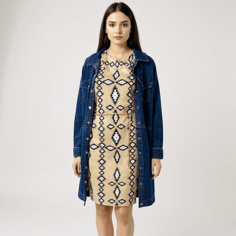 western short sleeve mini dress in tan with blue/white tribal print, keyhole neckline, detachable braided chain belt, lined shift