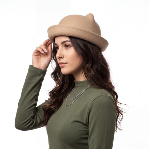 woman wearing cat ear bowler hat kawaii coquette style / tan / one size