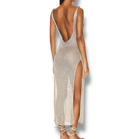 model back view wearing the gold Tank Metallic Mesh Maxi Dress Cover Up / os