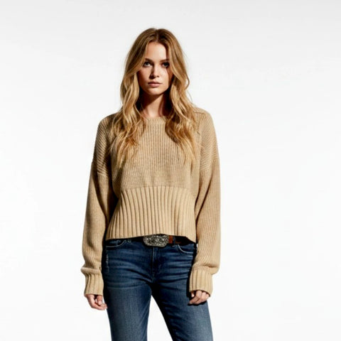 women's Tan Long Sleeve Rib Knit Crop Sweater with oversized fit and high crew neckline large
