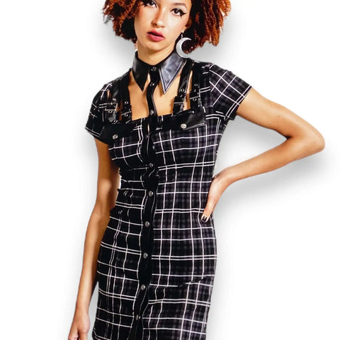 black tartan pentacle button down cut out neckline with black faux leather fold down collar,  straps alternative mini dress  front biew