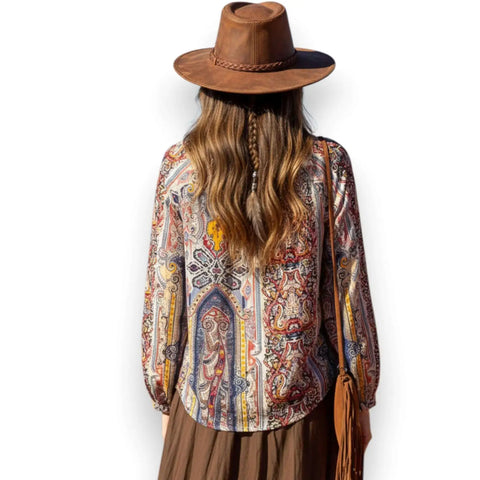Tassel Tie Long Sleeve Brown Floral Blouse V neckline gathered pleated neckline and shirttail hem women's size small