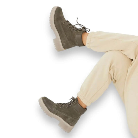 Olive Green Leather Chunky Hiking Combat Boots