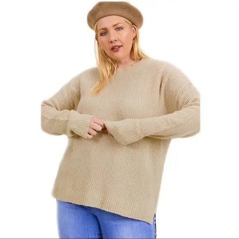Timeless Tan Ribbed Knit Sweater lightweight long sleeve split side hemline layering fall winter spring.