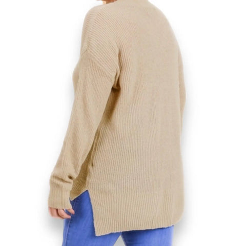 Timeless Tan Ribbed Knit Sweater lightweight long sleeve split side hemline layering fall winter spring.
