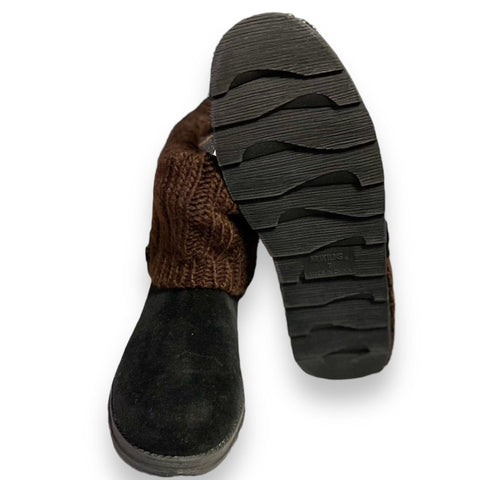 muk luks black suede brown cable-knit sweater ankle boots with cushioned footbed and TPR sole, women’s size 7