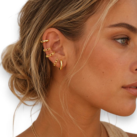 woman wearing Trendy Gold Stackable Ear Cuffs Set with 5 no-piercing cartilage cuffs in minimalist gold plated 