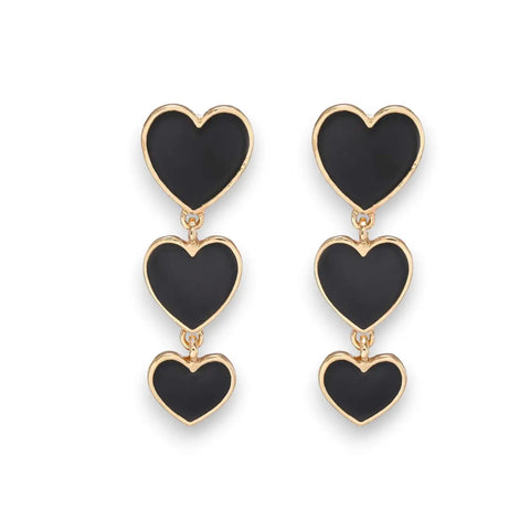 Trinity Black Heart Gold Drop Earrings