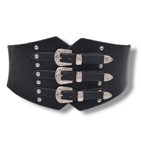 Triple Buckle Wide Corset Belt with metal tips and elastic back for punk or boho to western goth style