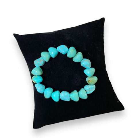 women's turquoise beaded stacked elastic bracelet with faux turquoise nuggets faux pearls and silver spacer beads stretchy fit handcrafted in USA boho western jewelry