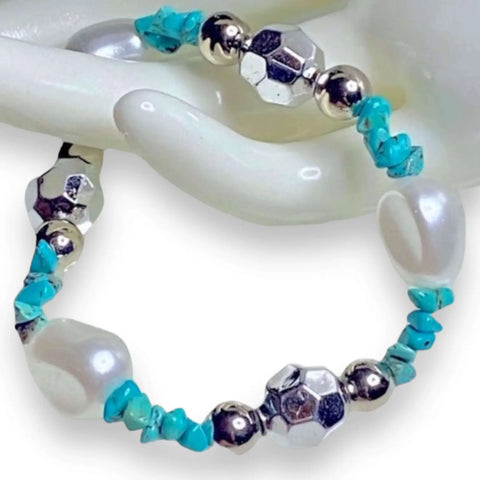 women's turquoise beaded stacked elastic bracelet with faux turquoise nuggets faux pearls and silver spacer beads stretchy fit handcrafted in USA boho western jewelry