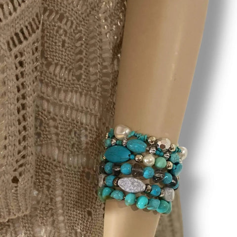 women's turquoise beaded stacked elastic bracelet with faux turquoise nuggets faux pearls and silver spacer beads stretchy fit handcrafted in USA boho western jewelry