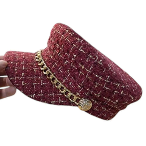 Tweed Gold Button Baker Boy Hat red/gold cabbie newsboy woman wearing with spring attire 