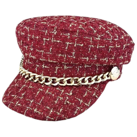 Tweed Gold Button Baker Boy Hat red/gold cabbie newsboy woman wearing with spring attire 