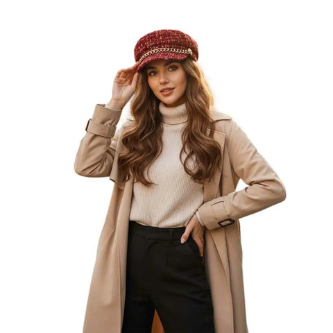 Tweed Gold Button Baker Boy Hat red/gold cabbie newsboy woman wearing with spring attire 