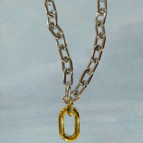 Two Tone Chunky Statement Choker silver and gold pendant adjustable lobster clasp and extension bold necklace one size