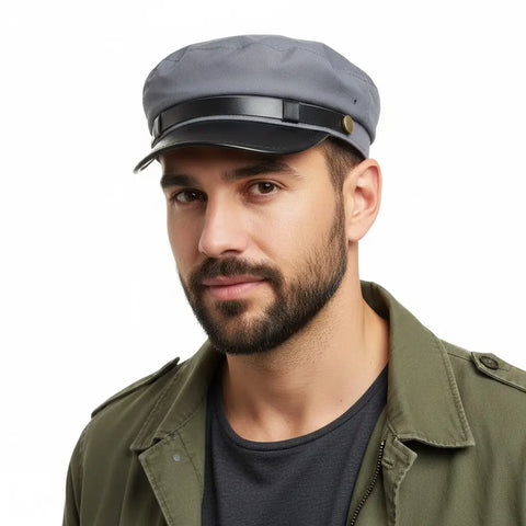 man wearing Two Tone Cotton Flat Top Fisherman Cap black faux leather curved brim, and gold button band in gray / one size