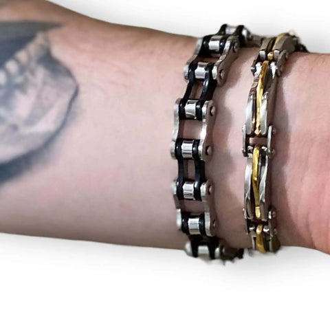 Two Tone Motorcycle Link Chain Bracelet in black and silver stainless steel with biker style chain links