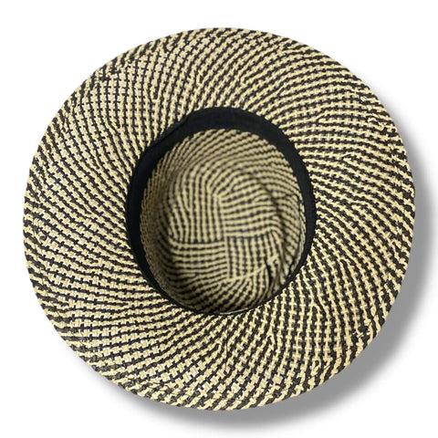 Bold summer straw boater hat with pork pie crown and two-tone black ivory styling.