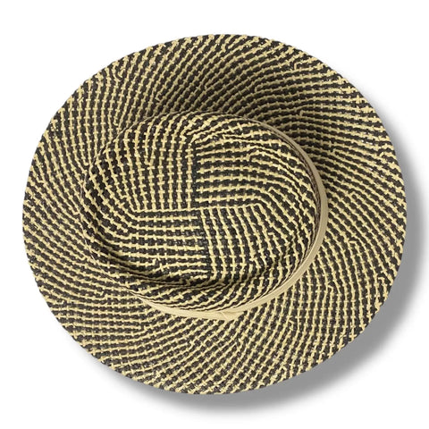 Bold summer straw boater hat with pork pie crown and two-tone black ivory styling.