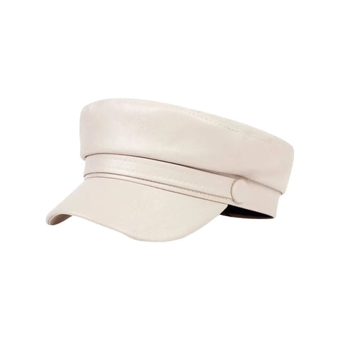 Unisex Faux Leather Baker Boy Hat stiff curve brim button accent beige, dark red, and black - one size