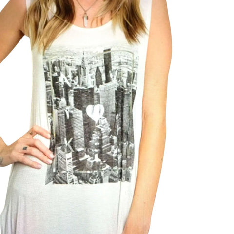 Urban Cityscape Metallic Graphic Tunic in off white with silver heart graphic and long side slits NEWYORK