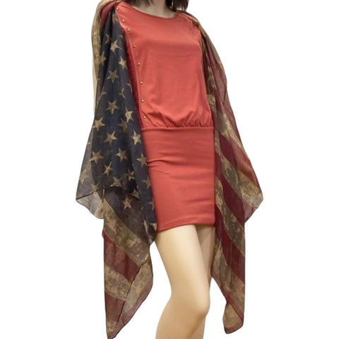 USA Flag Lightweight Kimono Vest displayed on a model, featuring a vintage USA flag print and lightweight material.