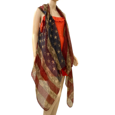 USA Flag Lightweight Kimono Vest displayed on a mannequin, showcasing the vintage USA flag print and lightweight design.
