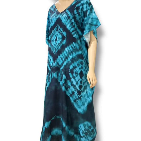 V Neck blue long kaftan dress cover up with tribal abstract print and tassel details – boho beachwear style
