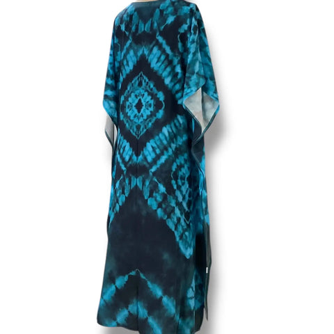 V Neck blue long kaftan dress cover up with tribal abstract print and tassel details – boho beachwear style
