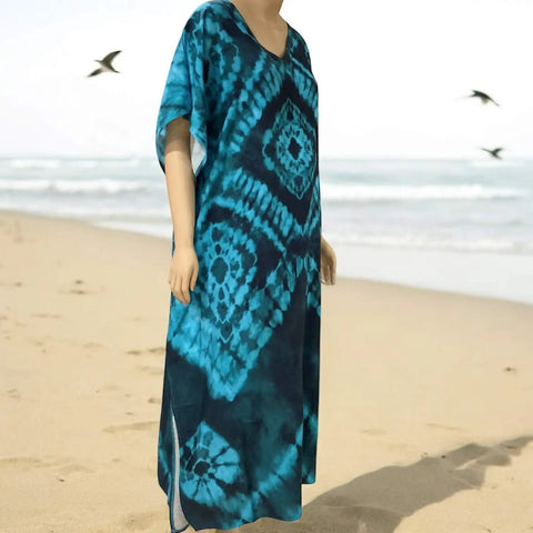 V Neck blue long kaftan dress cover up with tribal abstract print and tassel details – boho beachwear style
