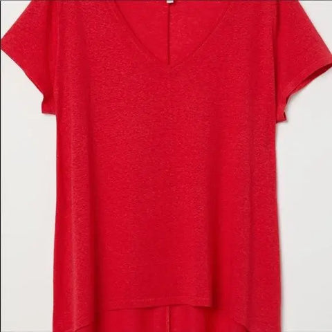 V Neck Short Sleeve Hi-low Round Hemline Red Comfy Casual Top Plus Size 2XL - Wild Time Fashion