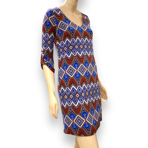 v neck colorful geo above knee dress with multicolor chevron print and 3/4 button tab sleeves made in usa