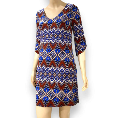 v neck colorful geo above knee dress with multicolor chevron print and 3/4 button tab sleeves made in usa