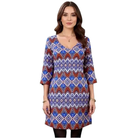 v neck colorful geo above knee dress with multicolor chevron print and 3/4 button tab sleeves made in usa