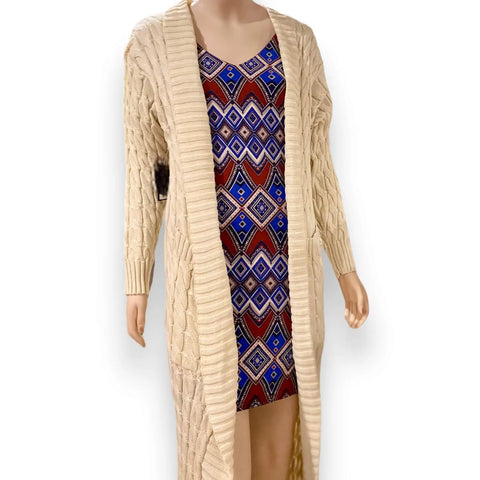 v neck colorful geo above knee dress with multicolor chevron print and 3/4 button tab sleeves made in usa