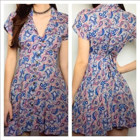 Paisley V Neck Short Sleeve Button Up Mini Dress Wild Time Fashion 