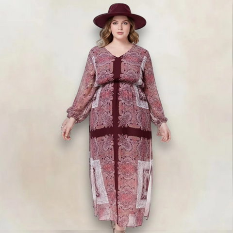 Plus Size Burgundy Paisley V-Neck Maxi Dress - Burgundy/Pink/White / 2X / Female - Maxi Dress