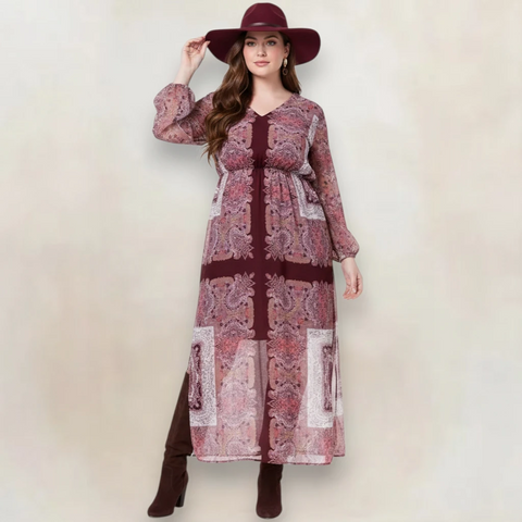 Plus Size Burgundy Paisley V-Neck Maxi Dress - Burgundy/Pink/White / 2X / Female - Maxi Dress