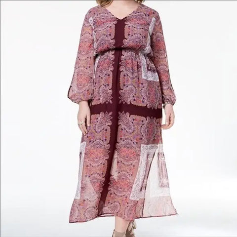 Plus size v neck floral maxi dress in burgundy, pink, and white with spliced long sleeves and high side split, styled for boho summer events