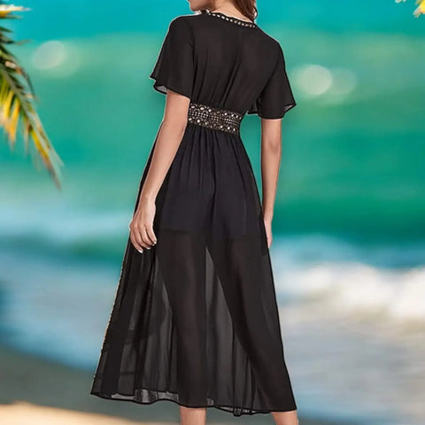 V Neck Waist Tie Long Beach Cover Up