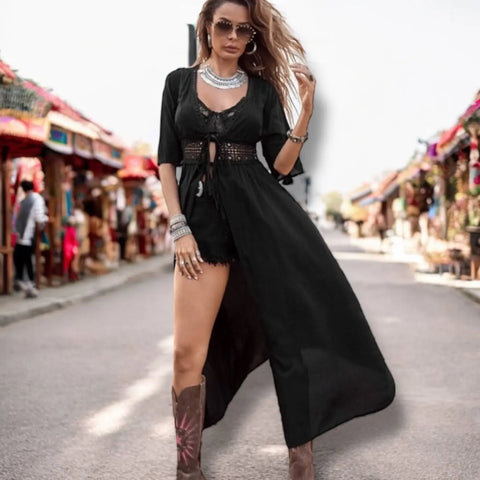 V Neck Waist Tie Long Beach Cover Up