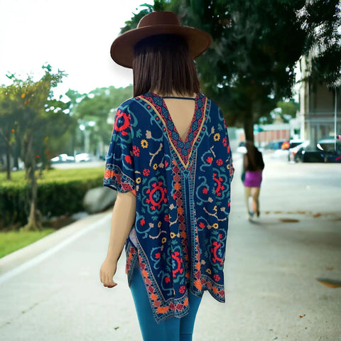 Vibrant Blue Boho Western Tunic Blousewith floral geo print butterfly sleeves and deep V back