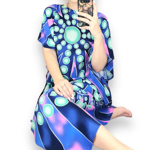 cotton blue and purple long kaftan dress with abstract geometric print, boho beach cover-up style