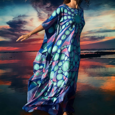 cotton blue and purple long kaftan dress with abstract geometric print, boho beach cover-up style