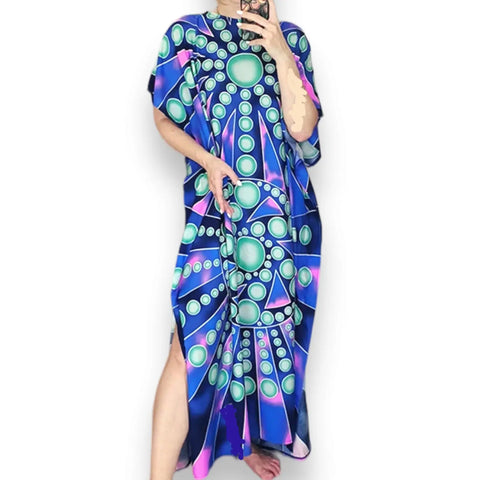 model wearing blue and purple cotton colorful long beach dress cover up